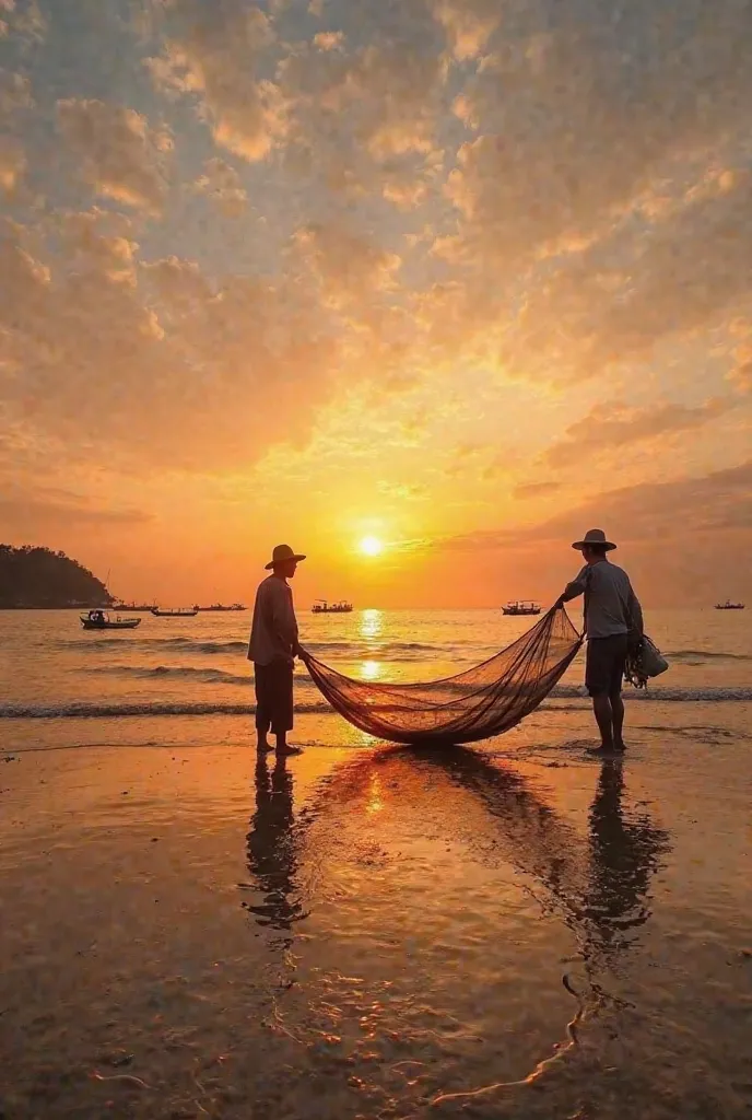 A stunning sunset over a calm beach, with fishermen pulling in a large fishing net from the shallow waters. The golden hues of the setting sun reflect beautifully on the wet sand, creating a serene and warm atmosphere. The silhouetted figures of the fisher...