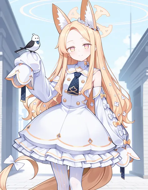 Masterpiece, hd, best quality, seia, blue archive, yellow eyes, blonde hair, very long hair, fox ears, hair ornament, hair flower, halo, white dress, frilled dress, sleeveless dress, white sailor collar, blue necktie, detached sleeves, puffy sleeves, sleev...