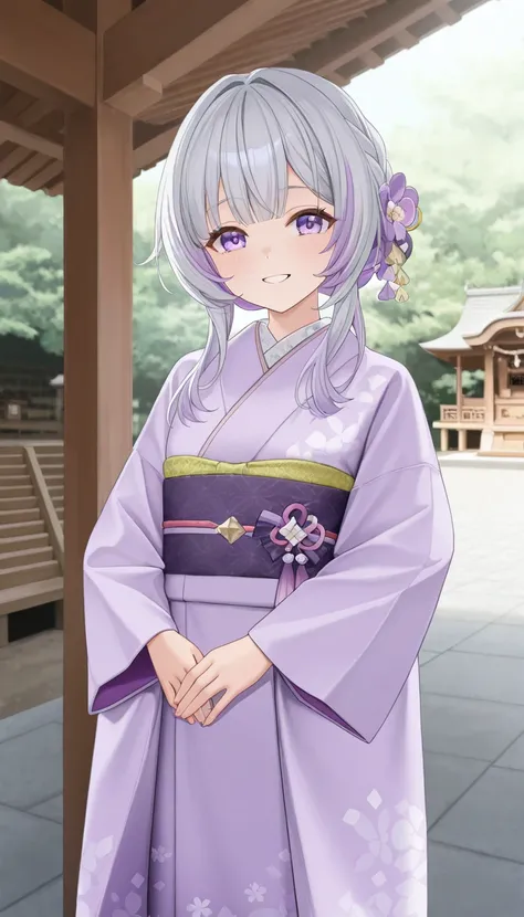 Light purple furisode, shrine, bobbed hair, hair color gray, first visit of the year to a shrine, smiling.