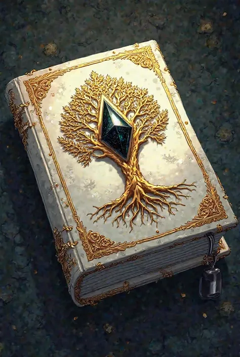 The image presents an animé-style book with an enigmatic and majestic. It is bound in hard paste, covered by an impeccable white leather that emits a faint glow under light. The cover is decorated with an imposing golden tree, design whose intricate detail...