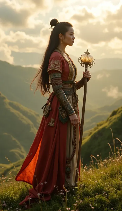 A stunning 20-year-old Laotian mage warrior from the 13th century stands gracefully atop a lush, misty hill, surveying the land below with sharp, watchful eyes. Her long, dark hair is styled in a manner befitting the noble warriors of ancient Laos, adorned...