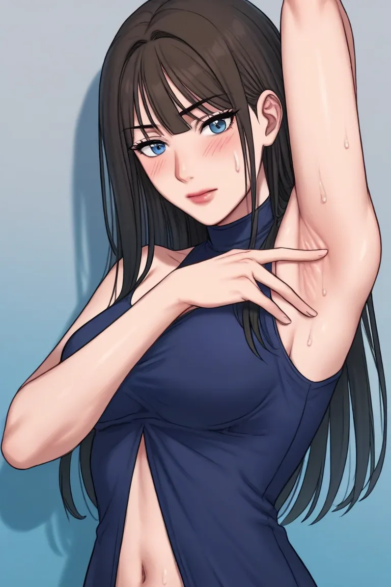 score_9, score_7_up, source_anime, detailed background, (upper body, medium shot:1.4), solo, 1girl, kang yuna, blue eyes, black hair, long hair, medium breasts, navel, black turtleneck, blue jeans, evening gown, sleeveless, spread armpit, arm up, armpit, l...