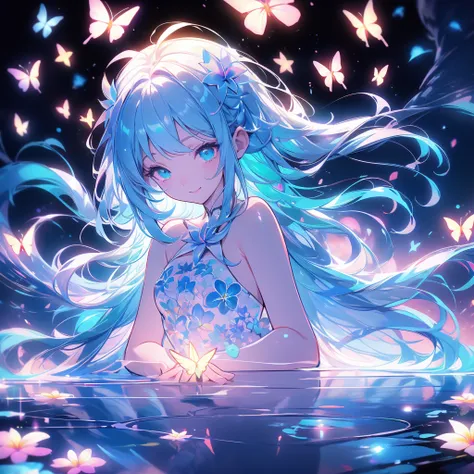 best details、TOP QUALITY、Greatest Masterpiece、Super Detail、 High precision、 masterpiece、smile、 anime girl with long white hair, dark green hair、可愛い anime girl with long white hair、smile、((Plumeria))、many chrysanthemum、fractal art、Gwaiz、 pool、garden、Flower ...