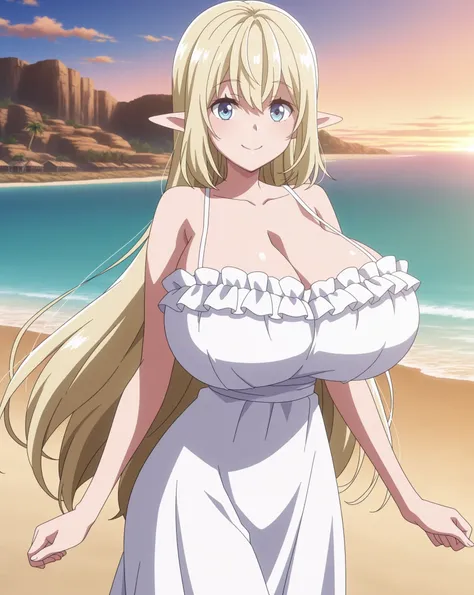 score_9, score_8_up, score_7_up, source_anime, anime coloring, anime screencap, 1 girl, solo, aria (Beheneko), long hair, blonde hair, elf, blue eyes, loving smile, white beautiful skin, gigantic breasts, standing, looking at viewer, slim body, cowboy shot...