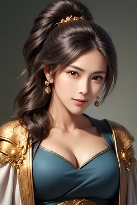 Close up of female warrior wearing golden armor and cloak, 1 person,  cute ponytail  ,Age 30, (((Real Face))), slightly larger breasts and cleavage,  reveal cleavage,Scary face,  very detailed face and skin textures , staring at the camera,   Chinese Warri...