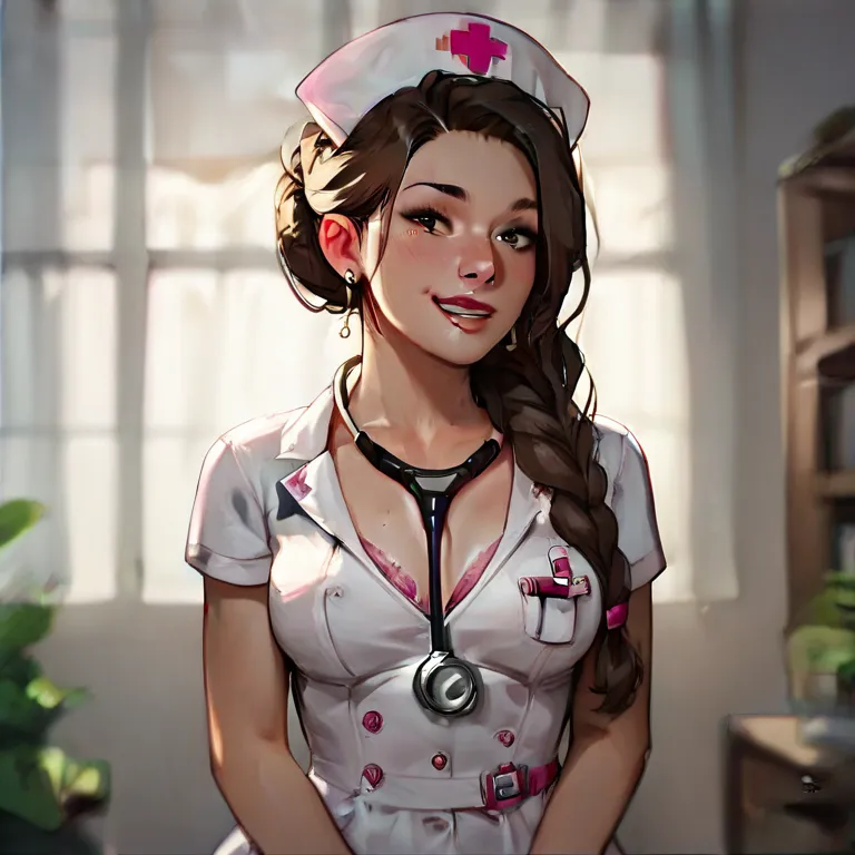 She is a woman with a slim figure. Her look is brown and mischievous, and her brown hair is tied in a long braid that extends to the middle of her back.

A pink medical gown and a nursing cap are part of her nurse’s uniform. A stethoscope usually lies arou...