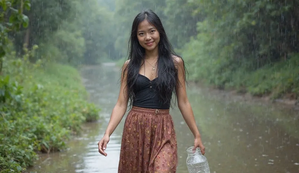 The woman of Cambodia walking in the rain wearing skirts with black long hair and cute pose also her face, her face focused on camera on her hand catching the water jar her walking on beautiful natural portrait background.