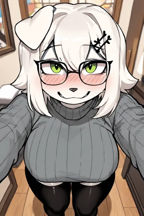 best quality,best resolution,(anthro furry :1.6),shiny evee boy,white short hair,curvy hair,bedroom,light and shadow,(grey sweater),fishbone hairpin,black stocking,glasses,looking at viewer,horny face,horny eyes,very close eyes,full face blush,sharp eyes,g...