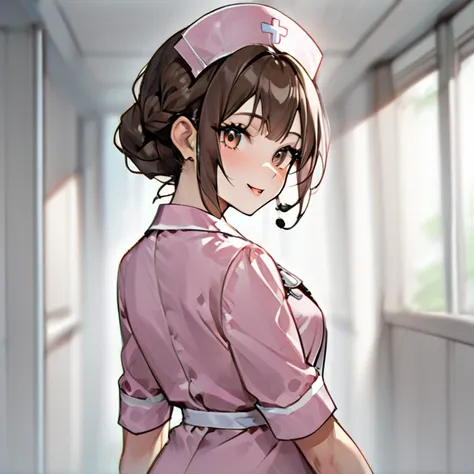 She is a woman with a slim figure. Her look is brown and mischievous, and her brown hair is tied in a long braid that extends to the middle of her back.

A pink medical gown and a nursing cap are part of her nurse’s uniform. A stethoscope usually lies arou...