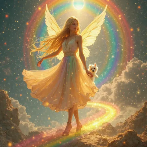 fairy elven teenager female  soft with long straight yellow blonde with rainbow beautiful soft dress sourrounded of a rainbow world she is happy she is dancing in dimensions of rainbow bridges heaven in a rainbow dress and she haves a white teacup maltese ...