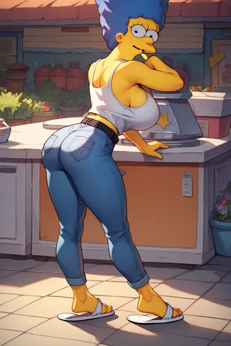 Marge Simpson ,very beautiful,with a super sexy body ,((big breasts)),(((White mini fitted tank top))),tight thicc jeans,black belt,(((white flip flops))),full body,the color image ,showing her buttocks