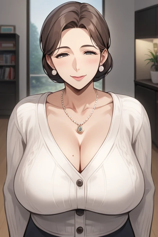  score_9, score_8_up, score_7_up,  source_ anime，safe，nsfw， uncensored，(masterpiece), (Gorgeous curvy Mature Woman)，mature middle aged woman ，Mature Woman，Housewife who has trained sows， gentle smile，Kind Mother，wedding ring，long sleeve cuckold， cardigan，C...