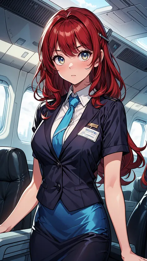 ((masterpiece, best quality:1.3, high detail)), ((1girl)), (((beautiful woman))), (flight attendant), bright eyes, (long wavy hair), (dark red hair), hairpin, (white collar shirt, blue tie), (blue pencil (skirt)), medium skirt, slim body, (lower body), fac...