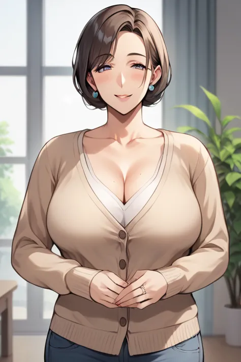  score_9, score_8_up, score_7_up,  source_ anime，safe，nsfw， uncensored，(masterpiece), (Gorgeous curvy Mature Woman)，mature middle aged woman ，Mature Woman，Housewife who has trained sows， gentle smile，Kind Mother，wedding ring，long sleeve cuckold， cardigan，C...