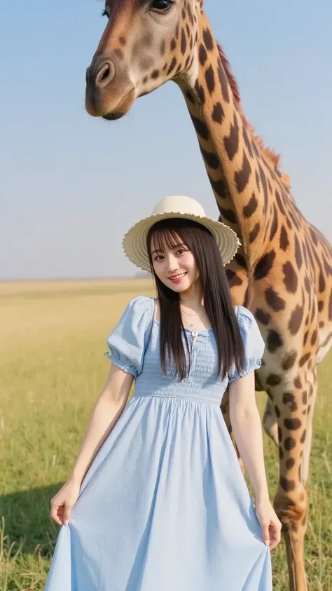 「A lovely Japanese woman、touching an elegant giraffe in the vast savanna。she is wearing a pale blue dress、she is smiling and gently reaching out to the giraffe。with a blue sky and expansive grassland in the background、has a gentle breeze。」
