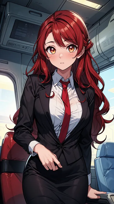 ((masterpiece, best quality:1.3, high detail)), ((1girl)), (((beautiful woman))), (flight attendant), bright eyes, (long wavy hair), (dark red hair), hairpin, (white collar shirt, red tie), (black pencil (skirt)), medium skirt, slim body, (lower body), fac...