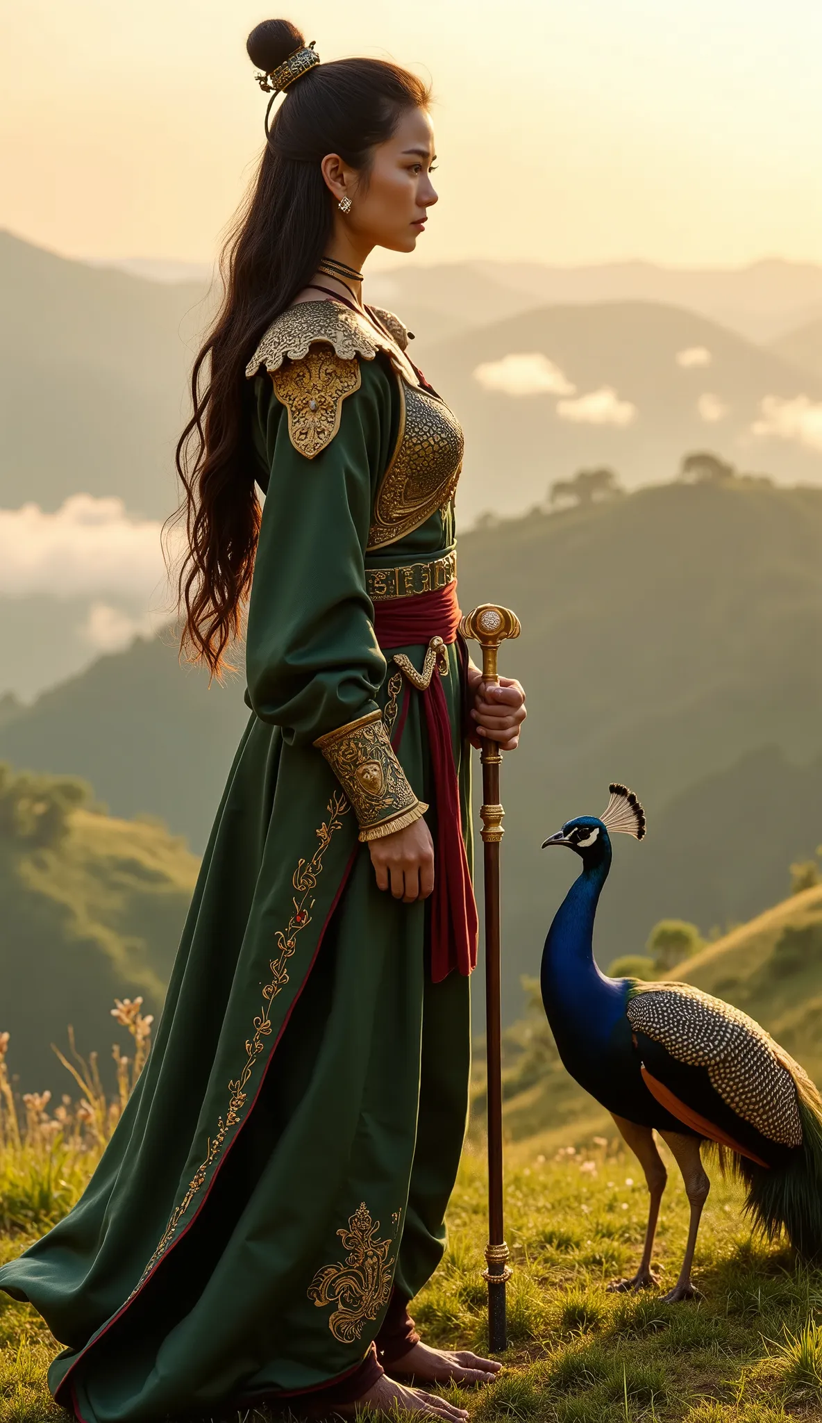 A stunning 20-year-old Laotian mage warrior from the 13th century stands gracefully atop a lush, misty hill, surveying the land below with sharp, watchful eyes. Her long, dark hair is styled in a manner befitting the noble warriors of ancient Laos, adorned...