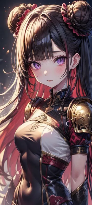 (masterpiece),(Highest quality:1.0), (Ultra-high resolution:1.0), Detailed illustrations, 8k, anime, One person, beautiful anime girl, (Wearing a armor:1.3), Flower ornaments, Pretty face, Detailed face, Beautiful Eyes, Detailed eyes, black Hair, red color...