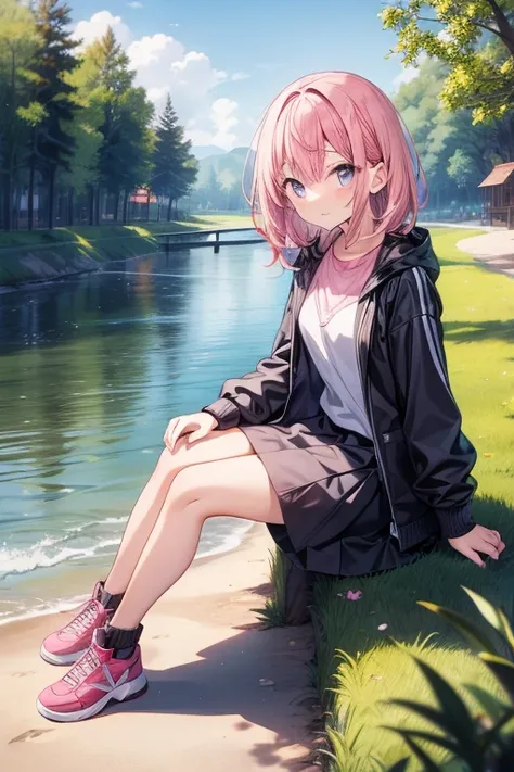  1girl , pink hair,Alone,Greatest Masterpiece,TOP QUALITY,Best Picture Quality,Sitting by the river, about 150cm ,cute,full body
