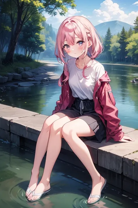  1girl , pink hair,Alone,Greatest Masterpiece,TOP QUALITY,Best Picture Quality,Sitting by the river, about 150cm ,cute,full body
