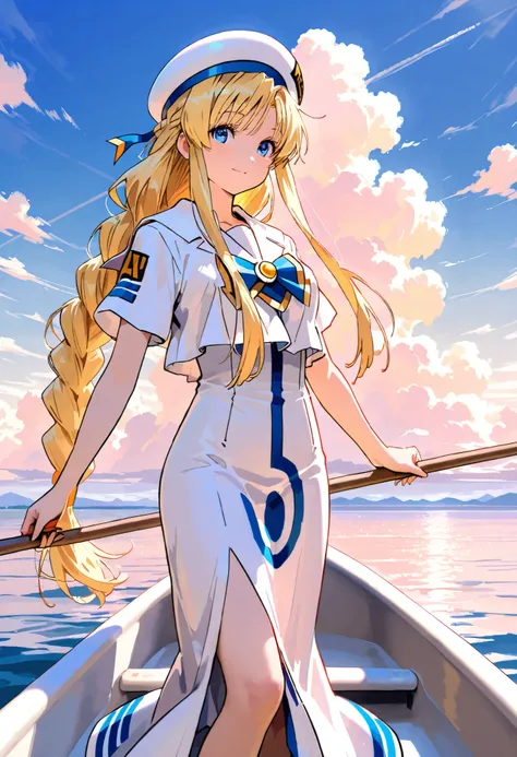 alicia, Aria the Animation, blond hair, blue eyes, single braid, aria company uniform, beret, blouse, bowtie, brooch, sailor collar, short sleeves, long dress, dress, side slit, sunshine , Cumulonimbus clouds, blue sky, she is standing on a white gondola, ...