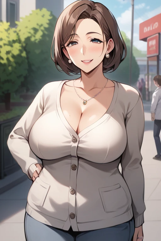  score_9, score_8_up, score_7_up,  source_ anime，safe，nsfw， uncensored，(masterpiece), (Gorgeous curvy Mature Woman)，mature middle aged woman ，Mature Woman，Housewife who has trained sows， gentle smile，Kind Mother，wedding ring，long sleeve cuckold， cardigan，T...