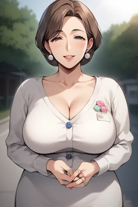  score_9, score_8_up, score_7_up,  source_ anime，safe，nsfw， uncensored，(masterpiece), (Gorgeous curvy Mature Woman)，mature middle aged woman ，Mature Woman，Housewife who has trained sows， gentle smile，Kind Mother，wedding ring，long sleeve cuckold， cardigan，T...