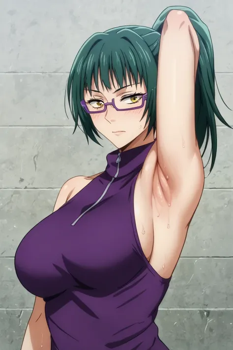 score_9, score_7_up, source_anime, detailed background, (upper body, medium shot:1.4), solo, 1girl, maki zenin, yellow eyes, green hair, ponytail hair, glasses, purple jacket, large breasts, evening gown, sleeveless, spread armpit, arm up, armpit, lay hand...