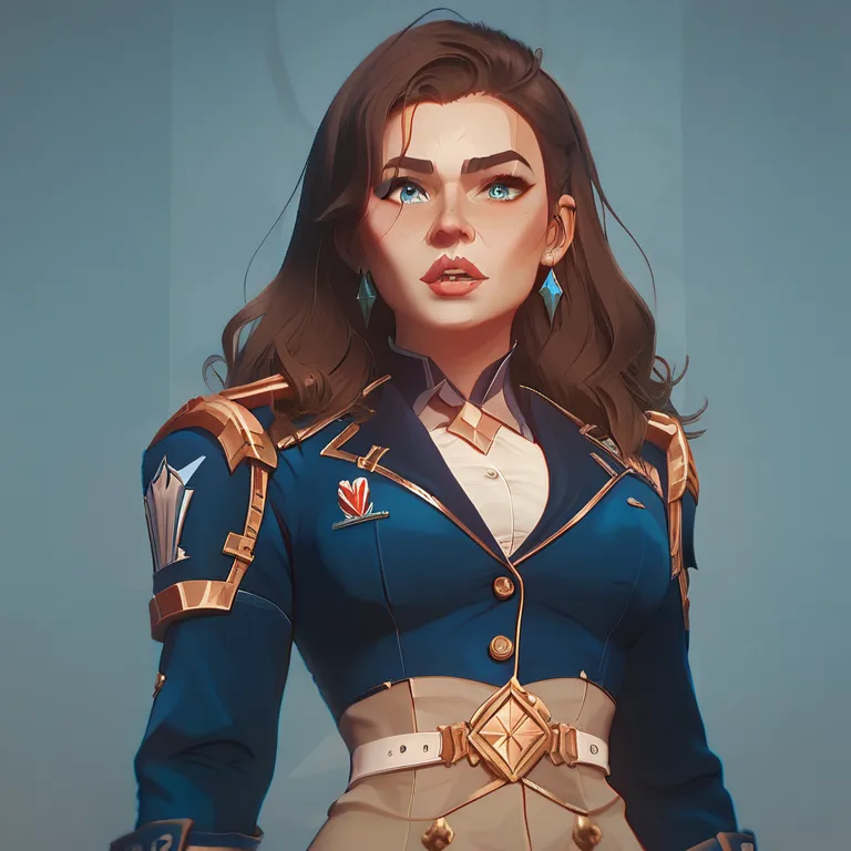 The first lady of Summerville has some pride in her comeliness: a fine line, deep‐blue doe eyes, and brown hair with a long wavy cut.

She is dressed by the greatest couturiers with a navy‐blue double‐breasted coat taken in around the waist by a silver‐buc...