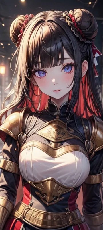 (masterpiece),(Highest quality:1.0), (Ultra-high resolution:1.0), Detailed illustrations, 8k, anime, One person, beautiful anime girl, (Wearing a armor:1.3), Flower ornaments, Pretty face, Detailed face, Beautiful Eyes, Detailed eyes, black Hair, red color...