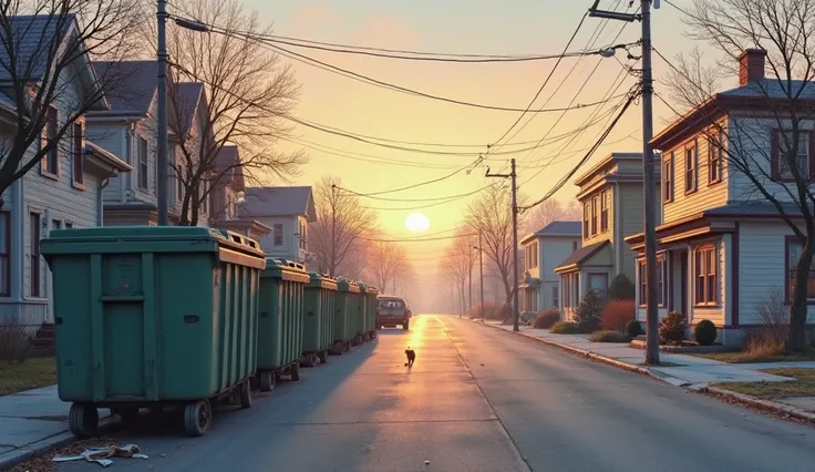 scenes of a small town at dawn, with empty streets and dumpsters.