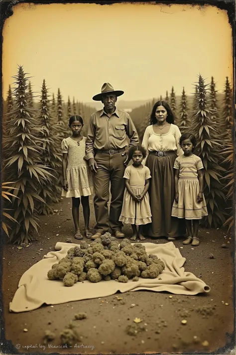 Daguerreotype photograph. Mexico. A Mexican family on their farm. A husband and wife, 2 young.daughters and 2 sons in a large field of marijuana plants. The plants are bigger than the mom and dad combined. It is fall and they are harvesting the plants. The...