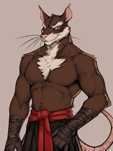 (by zackary911, anime, soft hatching) anthropomorphic, solo, human anatomy, adult, tall, mature, anthro, (muscular, buff, fit body, biceps, pecs, bara, lean), (Splinter (TMNT), Master Splinter, rat tail, brown body, brown fur, white chest tuft), (black gi,...