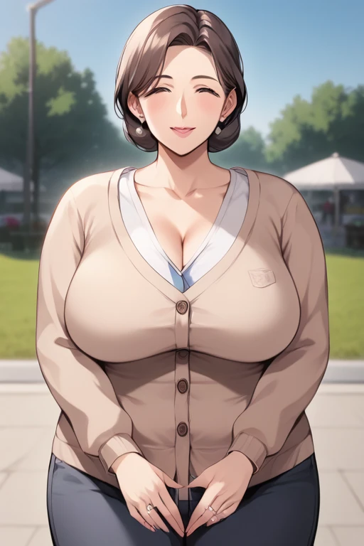  score_9, score_8_up, score_7_up,  source_ anime，safe，nsfw， uncensored，(masterpiece), (Gorgeous curvy Mature Woman)，mature middle aged woman ，Mature Woman，Housewife who has trained sows， gentle smile，Kind Mother，wedding ring，long sleeve cuckold， cardigan，T...