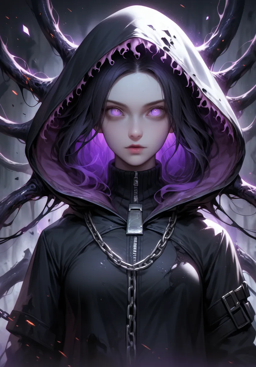 masterpiece,best quality,amazing quality,absurdres, BREAK 1girl, black void robes, floating grimoire, glowing purple cracks, hooded, starless sky, black hole backdrop, eldritch runes, chains (broken), corrupted magic, pale skin, empty eye sockets, floating...