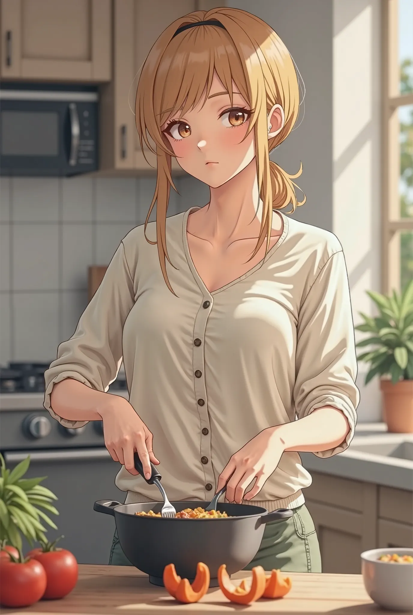 Create character of Cha hae-in from solo leveling wearing Can you send me a picture  of you wearing a simple light-colored blouse with casual shorts, her golden hair tied back loosely, though a few strands framed her delicate face while cooking in the kitc...