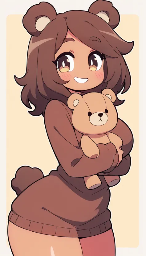 CartoonyIllustrious, mature female, teddy bear, bear ears, bear tail, brown hair, dark skin, brown eyes, smile