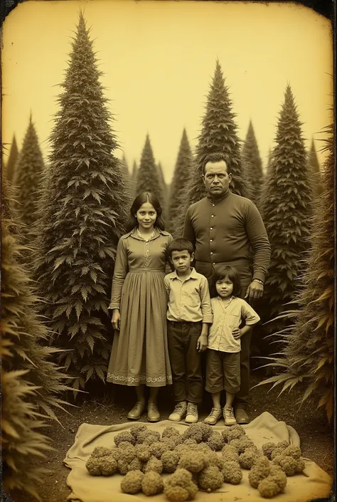 Daguerreotype photograph. Mexico. A Mexican family on their farm. A husband and wife, 2 daughters and 2 sons in a large field of marijuana plants. The plants are bigger than the mom and dad combined. The plants are 15 ft. tall and are christmas tree shaped...