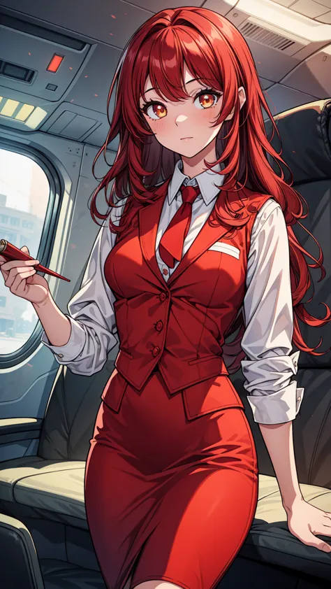 ((masterpiece, best quality:1.3, high detail)), ((1girl)), (((beautiful woman))), (flight attendant), bright eyes, (long wavy hair), (dark red hair), hairpin, (white collar shirt, vest, red tie), (red pencil (skirt)), medium skirt, slim body, facing viewer...