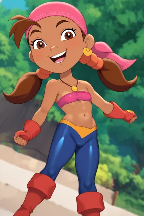 1 Mädchen, dunkle Haut, braune Haare, braune Augen, Zwillis, Bandana, Disney junior cartoon anime biggest strong biggest strong Solid brown skin eyes brown eyelashes two brown hair big solid pigtails Izzy (Jake and the Neverland Pirates) dark skin focus pi...