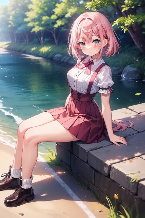  1girl , pink hair,Alone,Greatest Masterpiece,TOP QUALITY,Best Picture Quality,river about 140cm,(Sitting on the banks of the:1.2),cute,full body, spats,(I'm about  :1.2)
