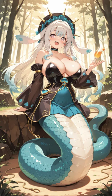 1 Girl,  Big Breasts ,alone, Smile,  open mouth , blush,M∀lice March Hare, rabbit ears , black choker , Black detachable sleeves, black off-the-shoulder dress, Gold chain, masterpiece,best quality, amazing quality,are very beautiful,absurd, latest, lamia,S...