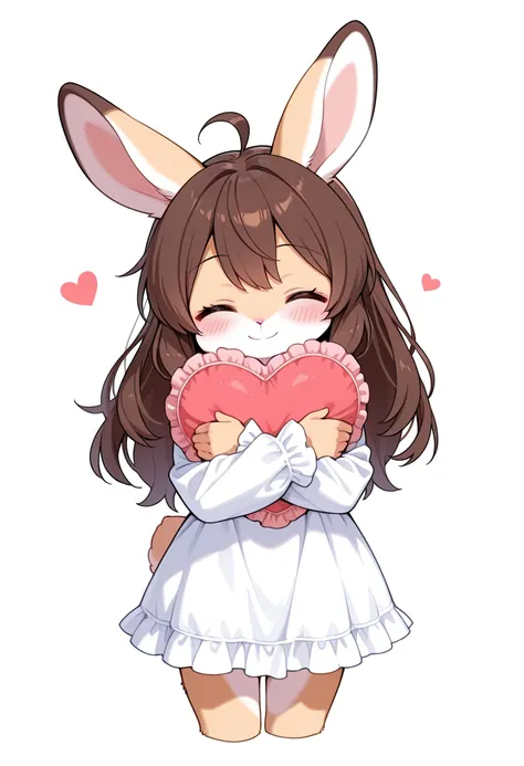 1girl, (furry, kemono:1.4), rabbit girl, animal nose, rabbit ears, heart, solo, closed eyes, blush, smile, brown hair, dress, long hair, white background, long sleeves, white dress, holding, simple background, facing viewer, heart-shaped pillow, pillow, ah...