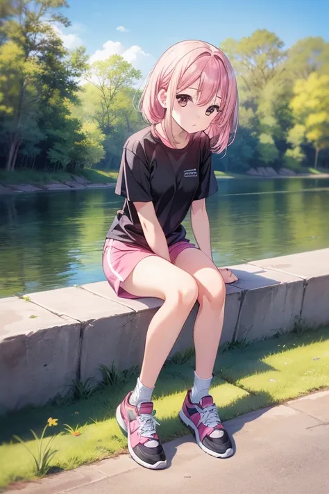  1girl , pink hair,Alone,Greatest Masterpiece,TOP QUALITY,Best Picture Quality,Sitting by the river,(Sitting on the banks of the:1.2),cute,full body, spats,(I'm about  :1.2), black eyes,During a jogging break, middle hair,T-shirt
