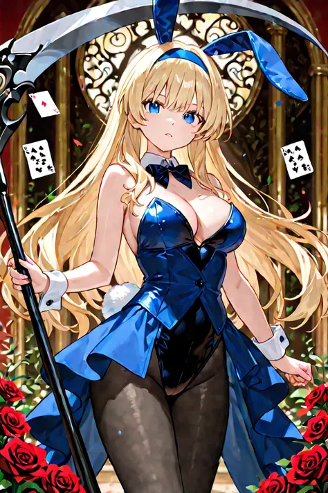 TOP QUALITY,  Ultra High Definition、(( girl))、 garden with lots of red roses、 holding a big scythe 、 long blonde, blue eyes,Bunny ears、Rabbit、Alice、 blue headband、 PLAYING CARD 