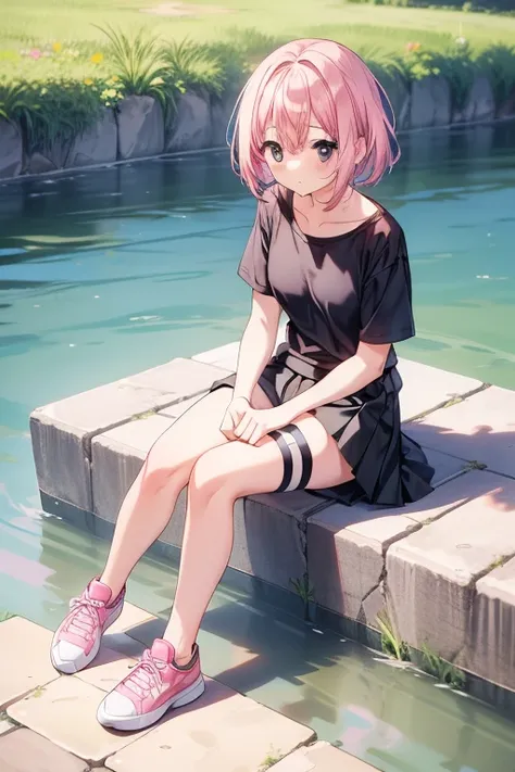  1girl , pink hair,(Alone:2.0),Greatest Masterpiece,TOP QUALITY,Best Picture Quality,river about 140cm,(Sitting on the banks of the:1.2),cute,full body, spats,(I'm about  :1.2), black eyes,During a jogging break, middle hair,plain white t-shirt,shorts or s...