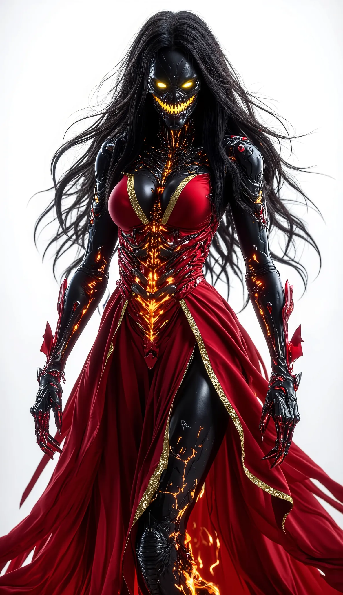 A terrifying witch with long, flowing dark hair and glowing yellow eyes stands with an evil smile. She wears a striking red witch’s dress adorned with golden borders, exuding a sinister elegance. Her body pulses with molten lava flowing through her veins i...