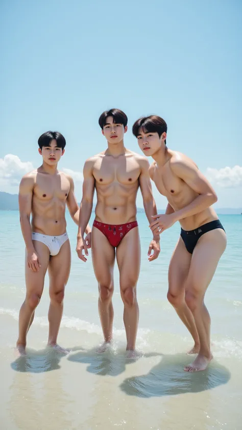 3 Asian handsome male star male high school students over 185 cm tall playing in the water on the beach，Slim Short Hair ，Thick chest muscles ，8 abdominal muscles ，（Wakakaki's lovely face）， thin body， Shoulder width ，Narrow waist， inverted triangle body ，Ti...