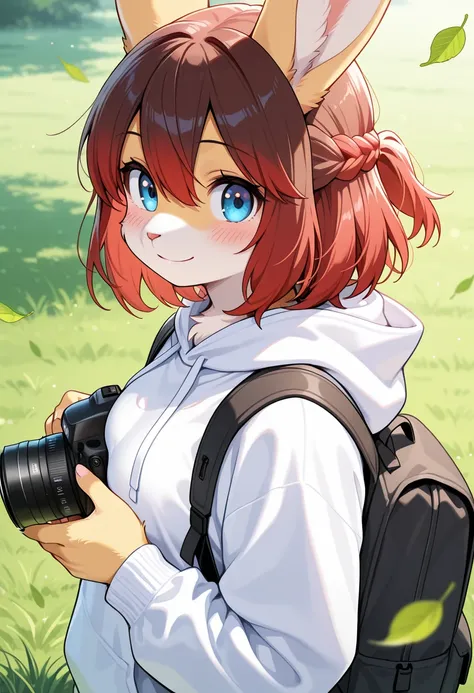 1girl, (furry, kemono:1.4), rabbit girl, animal nose, rabbit ears, camera, holding camera, solo, holding, smile, hood, bag, looking at viewer, hoodie, blue eyes, hood down, outdoors, blush, red hair, long sleeves, backpack, upper body, closed mouth, white ...