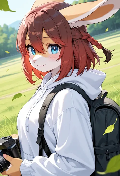 1girl, (furry, kemono:1.4), rabbit girl, animal nose, rabbit ears, camera, holding camera, solo, holding, smile, hood, bag, looking at viewer, hoodie, blue eyes, hood down, outdoors, blush, red hair, long sleeves, backpack, upper body, closed mouth, white hoodie, falling leaves, brown hair, leaf, from side, braid, medium hair, day, hair between eyes, grass, short hair,
